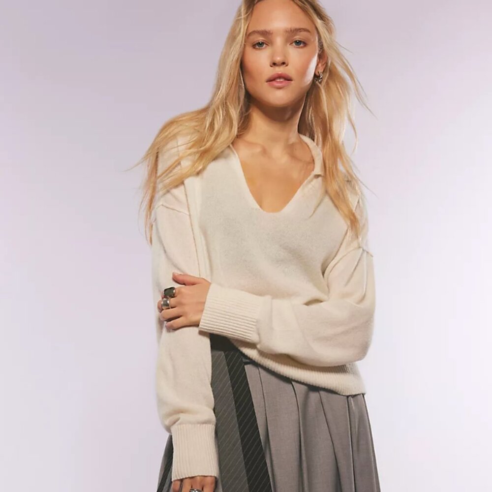 Free People Eloura Cashmere Henley Sweater in Cloud Dancer, Size S